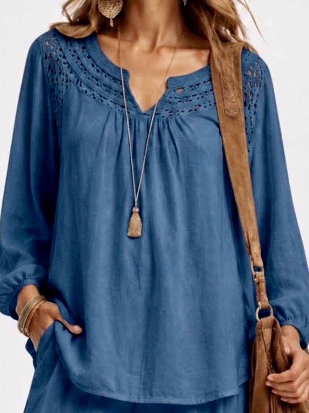 RETRO-OLOGY Boho Blue Lace Yoke Long-Sleeve Tee Peasant Top — #LHP